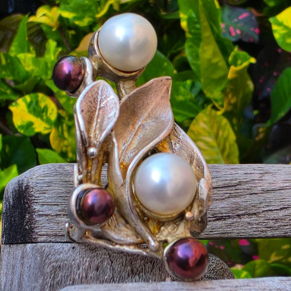 Vintage Sterling Silver Faux Pearl Botanical Statement Ring Sz 8.5